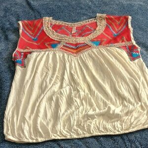 Free People Red Embroidered Knit Top with Blue Accents